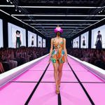 **Virtual Fashion Show Experience**: Create an image depicting a vibrant virtual reality fashion show, where an audience is immersed in a digital catwalk environment, showcasing detailed clothing designs and fabrics with a sense of excitement and creativity.