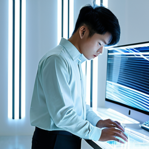 A focused young Vietnamese male digital fashion designer, dressed in a modern, professional dress shirt and smart trousers, deeply engrossed in a large, transparent holographic workstation. He is meticulously crafting a futuristic, flowing digital garment in a brightly lit, minimalist design studio, which features clean lines, sleek furniture, and subtle abstract digital art on the walls. The scene conveys innovation and precision. Fully clothed, appropriate attire, modest clothing, safe for work, professional, perfect anatomy, correct proportions, natural pose, well-formed hands, proper finger count, natural body proportions, high-resolution digital art, cinematic lighting.