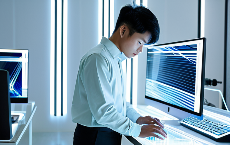 A focused young Vietnamese male digital fashion designer, dressed in a modern, professional dress shirt and smart trousers, deeply engrossed in a large, transparent holographic workstation. He is meticulously crafting a futuristic, flowing digital garment in a brightly lit, minimalist design studio, which features clean lines, sleek furniture, and subtle abstract digital art on the walls. The scene conveys innovation and precision. Fully clothed, appropriate attire, modest clothing, safe for work, professional, perfect anatomy, correct proportions, natural pose, well-formed hands, proper finger count, natural body proportions, high-resolution digital art, cinematic lighting.