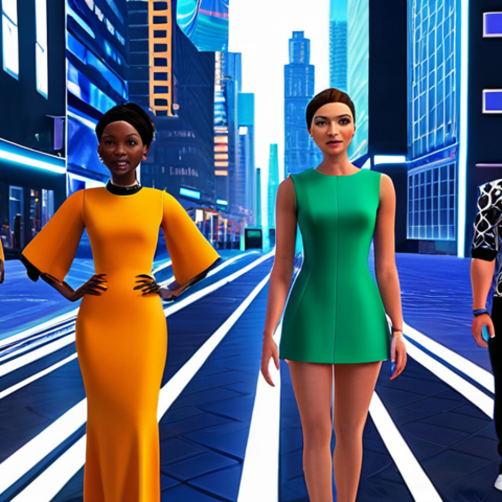 **

"A vibrant Metaverse fashion show with avatars interacting and chatting, fully clothed in diverse, stylish, digital outfits. Background features a futuristic cityscape. Safe for work, appropriate content, perfect anatomy, natural proportions, professional, high quality, family-friendly, modest."

**