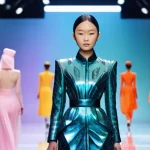 Home 10 메타버스 패션쇼의 비용 절감 효과 - **Prompt:** A dynamic, wide shot of a fantastical metaverse fashion show. A young, confident Vietnam...