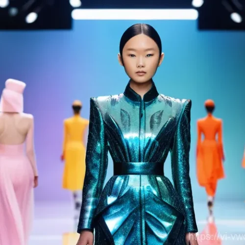 Home 22 메타버스 패션쇼의 비용 절감 효과 - **Prompt:** A dynamic, wide shot of a fantastical metaverse fashion show. A young, confident Vietnam...