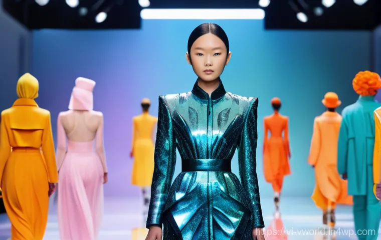 메타버스 패션쇼의 비용 절감 효과 - **Prompt:** A dynamic, wide shot of a fantastical metaverse fashion show. A young, confident Vietnam...