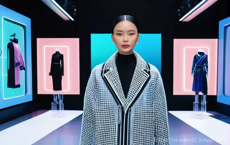 메타버스 패션쇼의 비용 절감 효과 - **Prompt:** A dynamic, wide shot of a fantastical metaverse fashion show. A young, confident Vietnam...