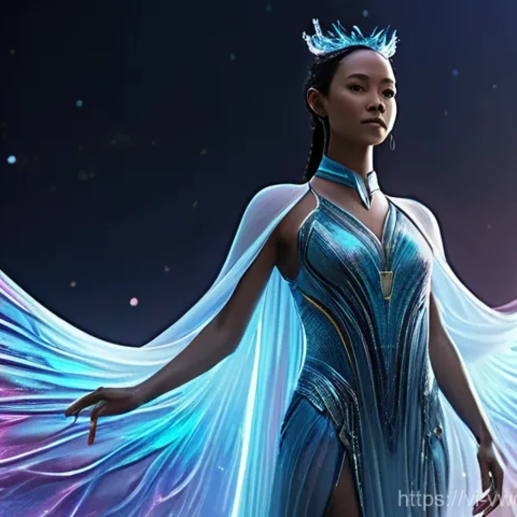 메타버스에서의 패션 트렌드 예측 - **Prompt:** A full-body shot of a confident female avatar standing gracefully in a fantastical, shim...