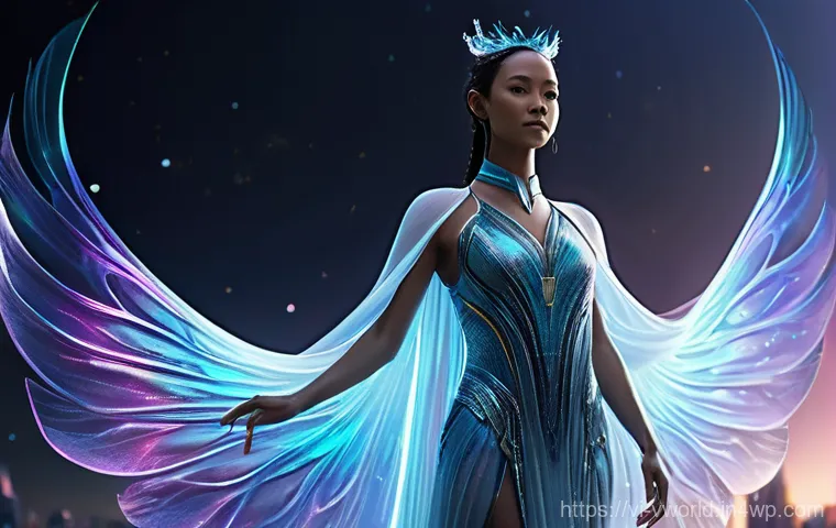 메타버스에서의 패션 트렌드 예측 - **Prompt:** A full-body shot of a confident female avatar standing gracefully in a fantastical, shim...