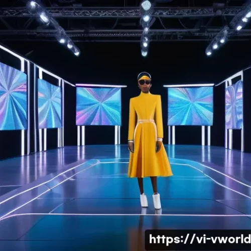 가상 현실에서의 패션쇼 경험하기 - A futuristic virtual reality fashion show scene featuring a diverse group of young adults wearing st...