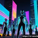 메타버스 패션쇼 시청 가이드 - A futuristic metaverse fashion show scene set in a glowing neon-lit cityscape at night, featuring di...