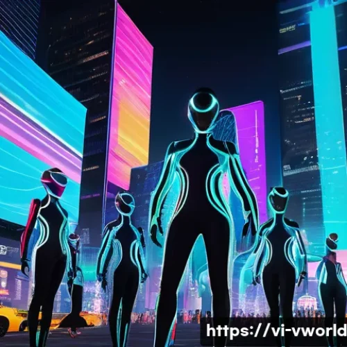 메타버스 패션쇼 시청 가이드 - A futuristic metaverse fashion show scene set in a glowing neon-lit cityscape at night, featuring di...