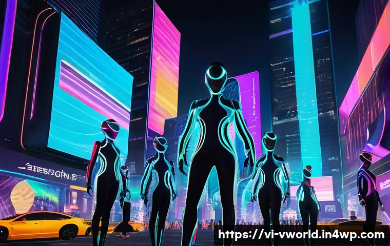 메타버스 패션쇼 시청 가이드 - A futuristic metaverse fashion show scene set in a glowing neon-lit cityscape at night, featuring di...