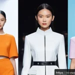 가상 패션쇼의 반응형 디자인 - A futuristic virtual fashion show scene viewed on multiple devices including a sleek smartphone, tab...