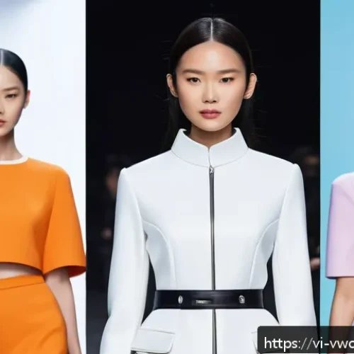 가상 패션쇼의 반응형 디자인 - A futuristic virtual fashion show scene viewed on multiple devices including a sleek smartphone, tab...